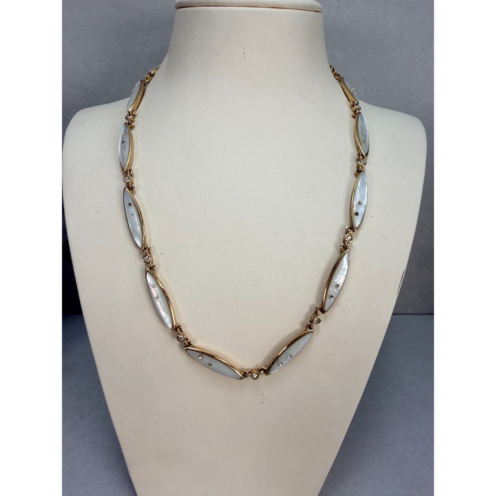 Vintage Monet Reversible Gold Tone Mother of Pearl Rhinestone Station Necklace